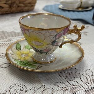 Floral Teacup and Saucer with Gold Accents